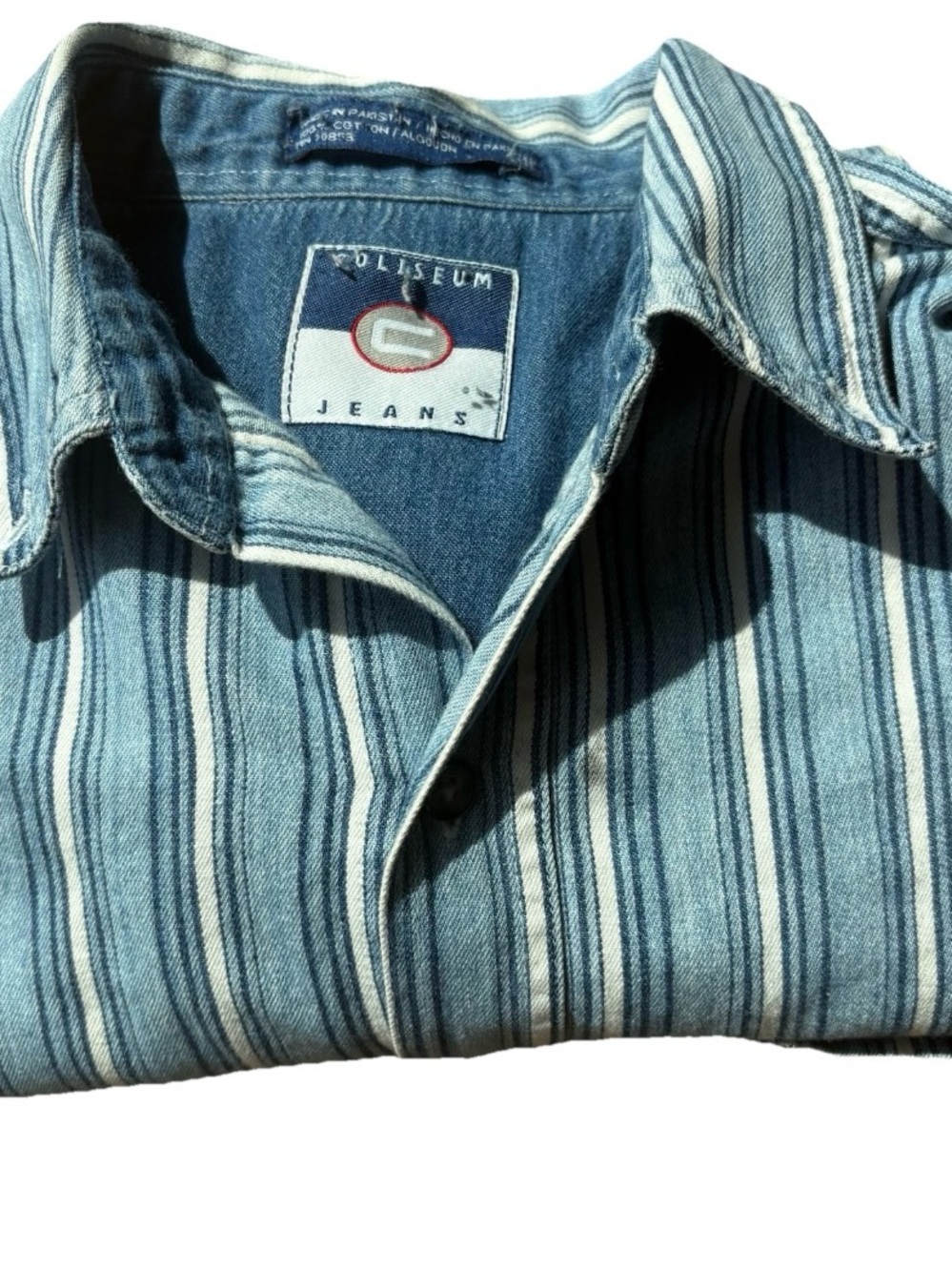 Vintage 90s Coliseum Vertical Stripe Chambray Short Sleeve Button Up Shirt L